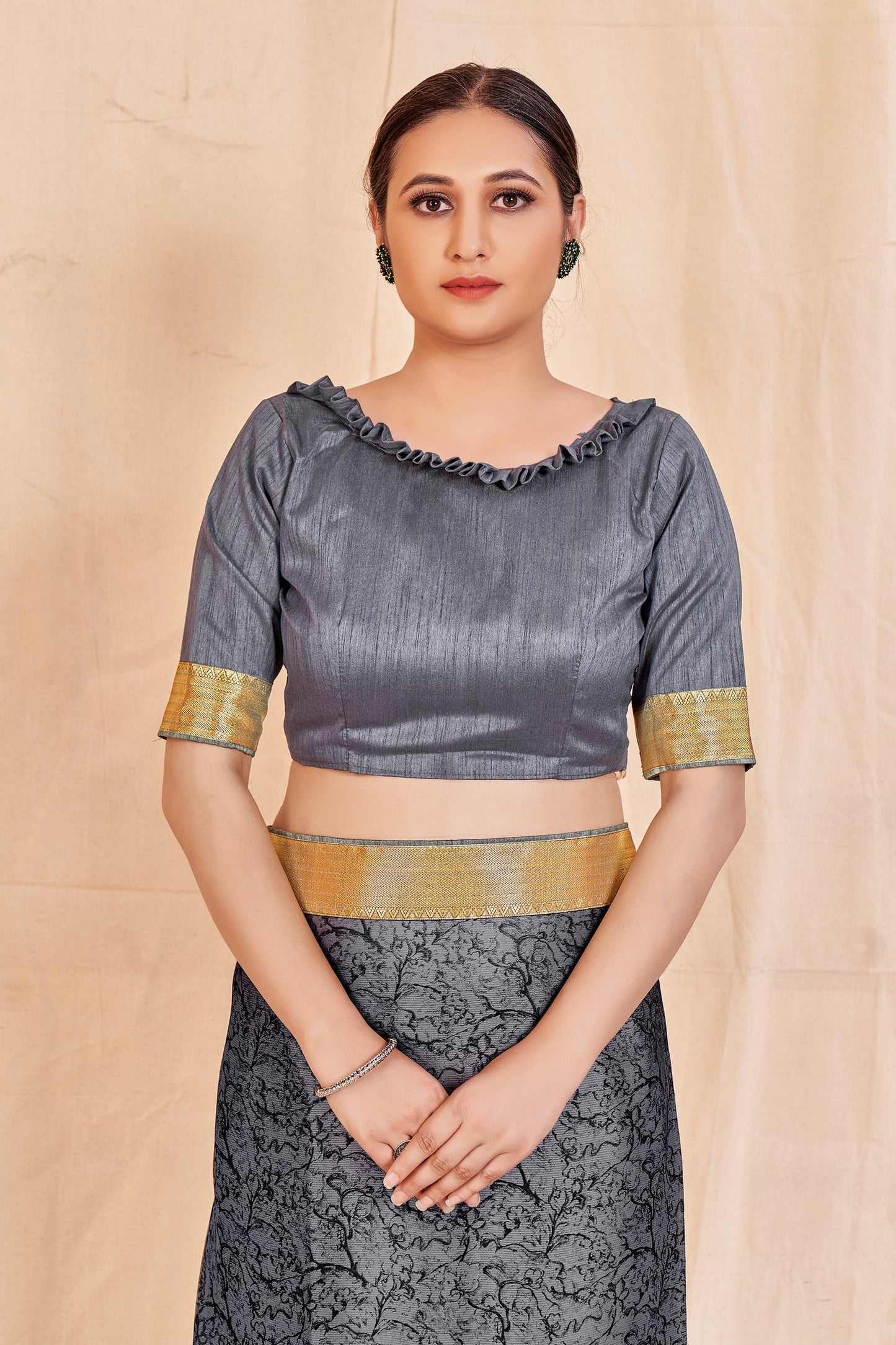 Vamika Grey Designer Cadbury Chiffon Banarasi Lace Saree | Swadesiicart