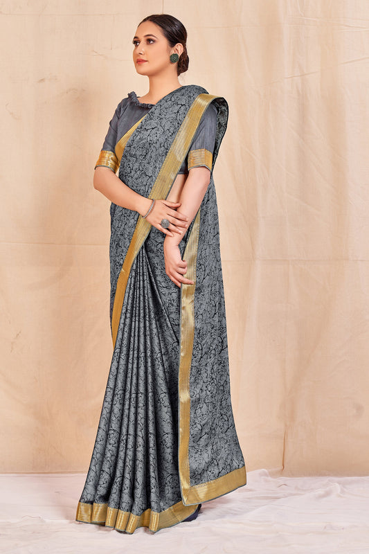 Vamika Grey Designer Cadbury Chiffon Banarasi Lace Saree | Swadesiicart