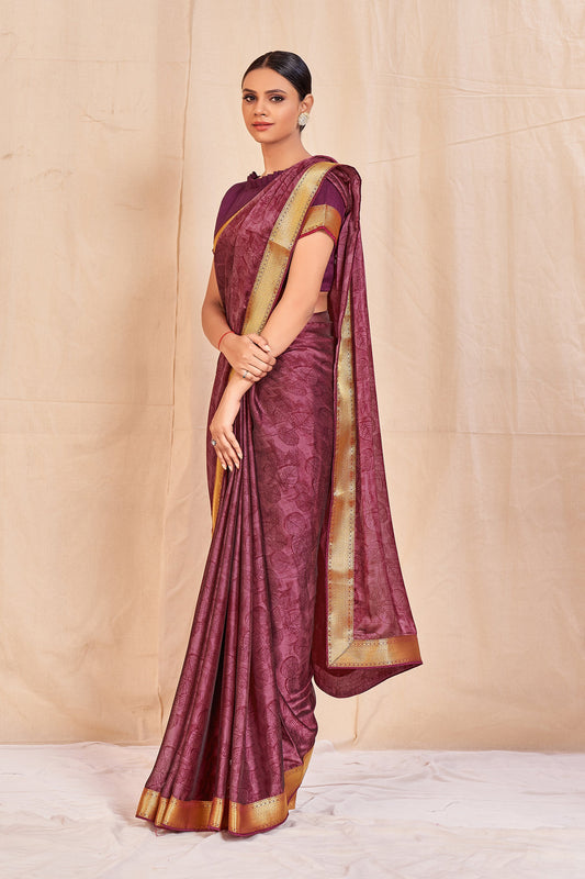 Vamika Wine Designer Cadbury Chiffon Banarasi Lace Saree | Swadesiicart