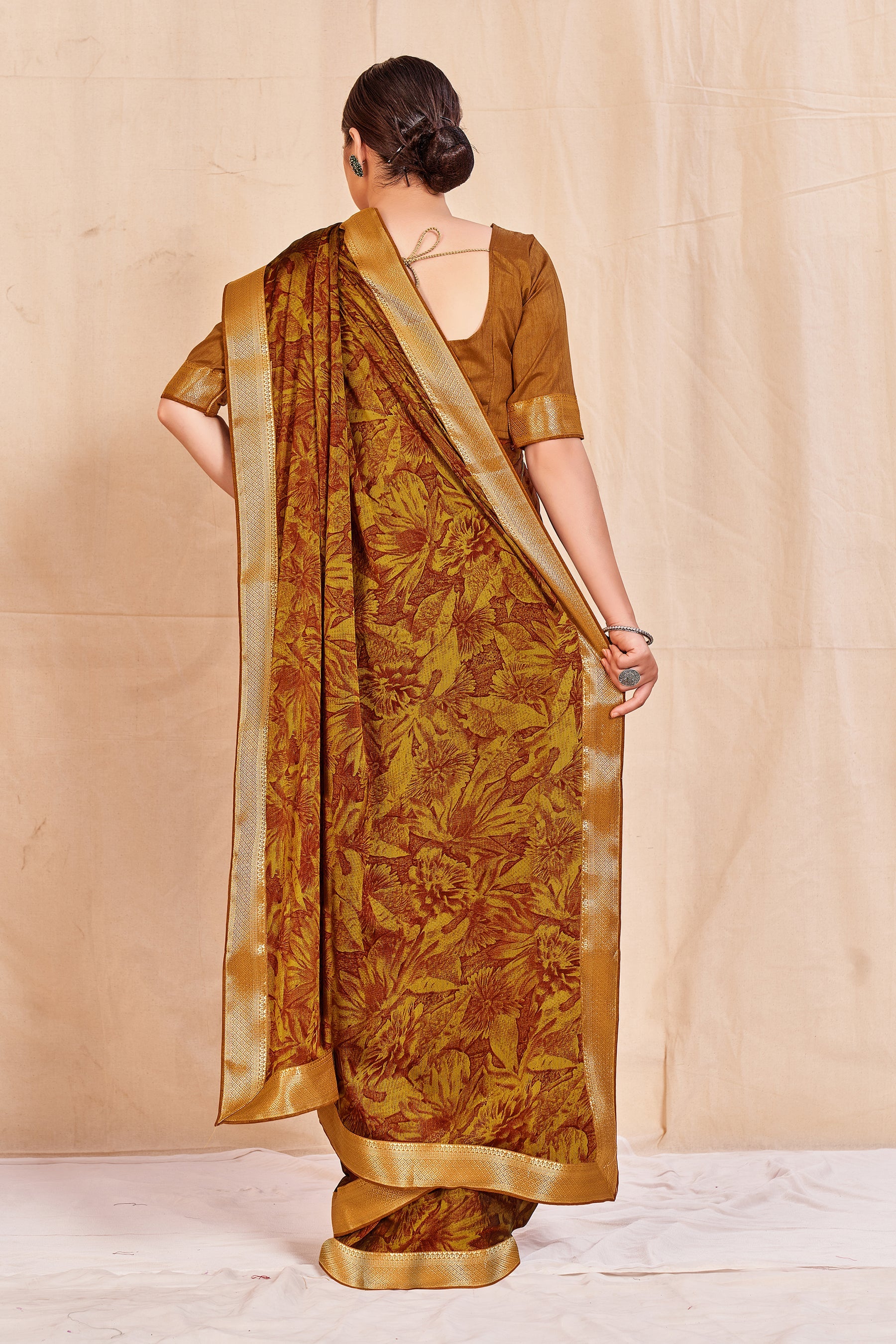 Vamika Mustard Designer Cadbury Chiffon Banarasi Lace Saree | Swadesiicart