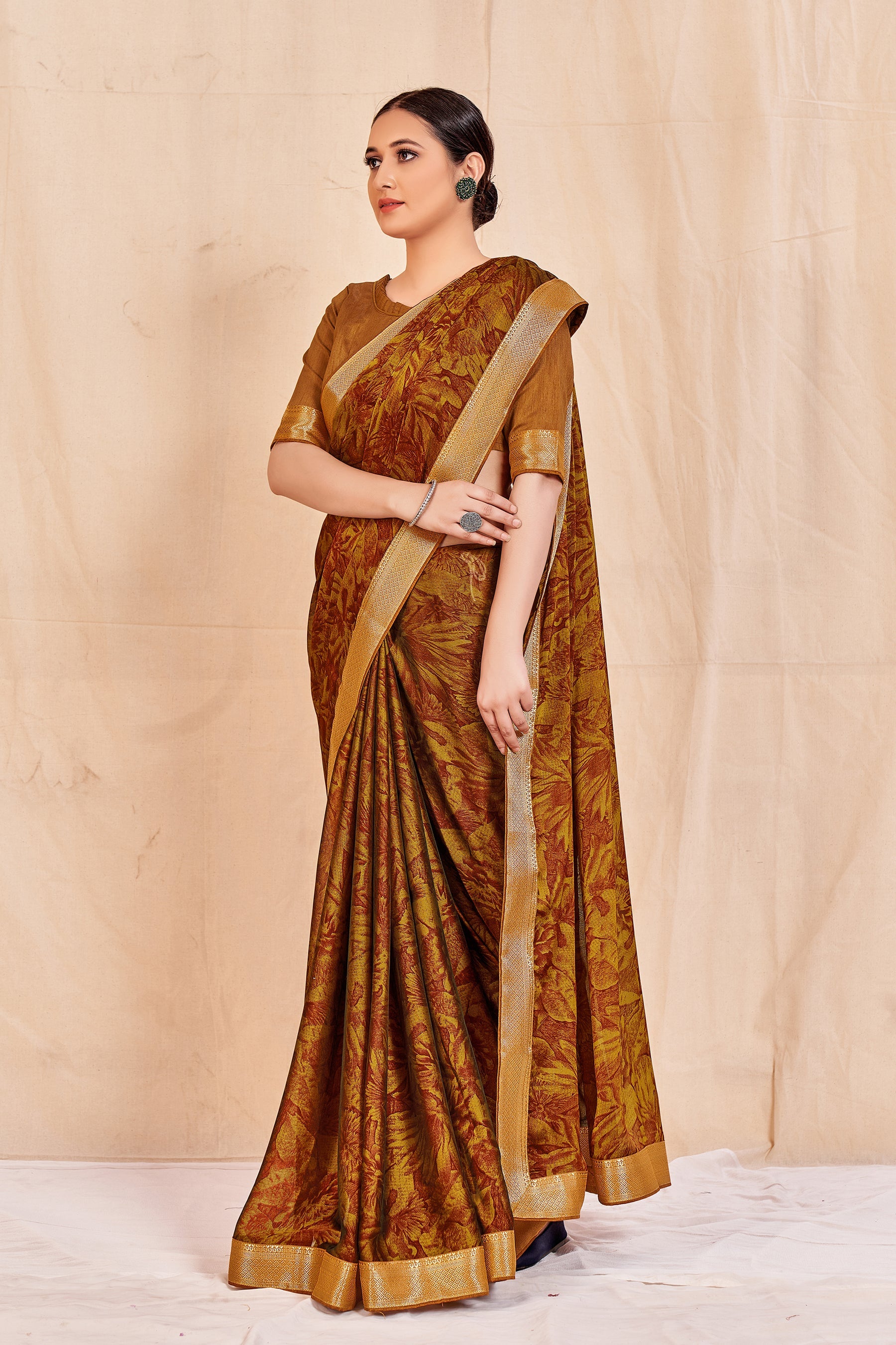 Vamika Mustard Designer Cadbury Chiffon Banarasi Lace Saree | Swadesiicart
