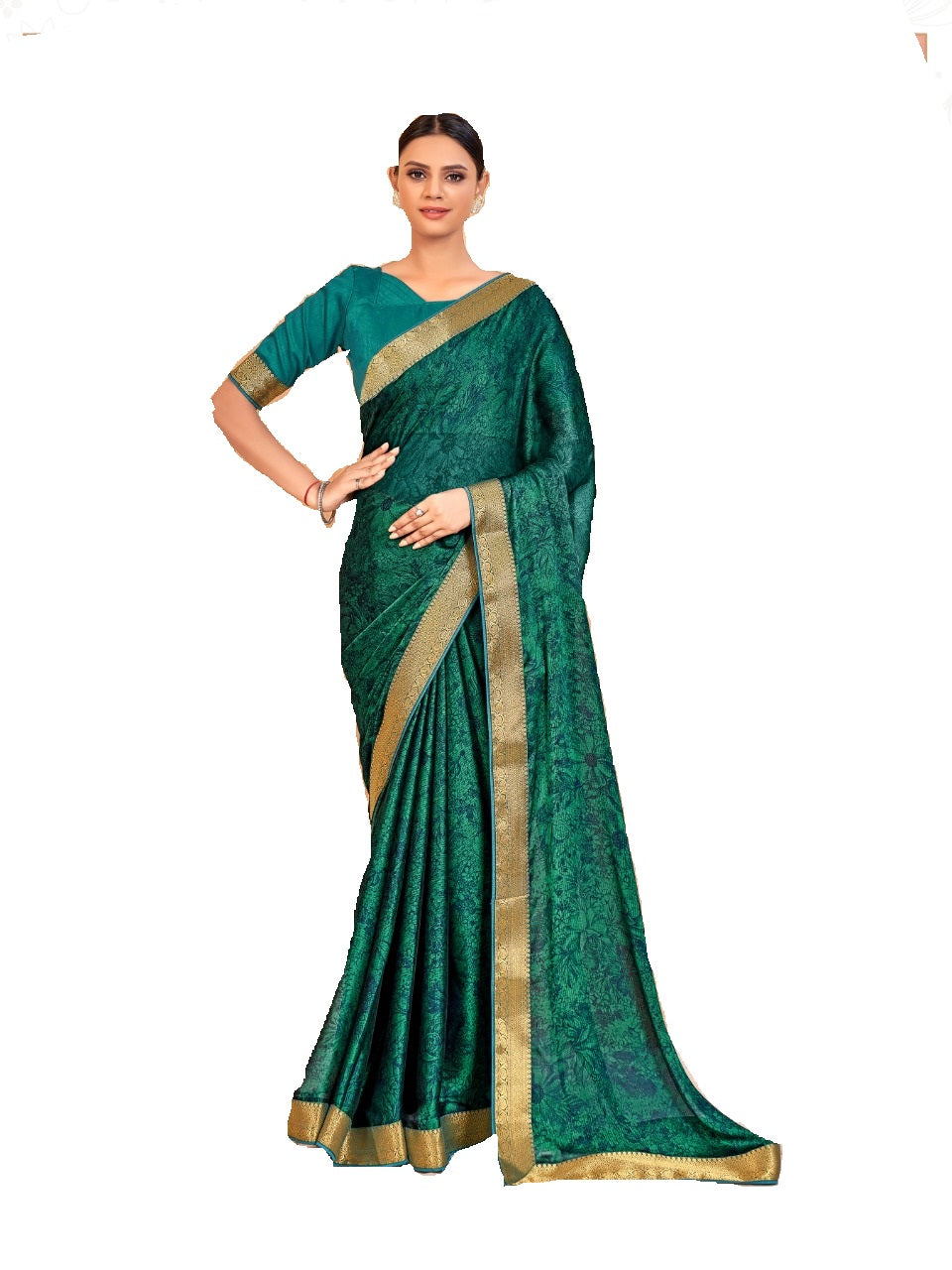 Vamika Rama Green Designer Cadbury Chiffon Banarasi Lace Saree | Swadesiicart