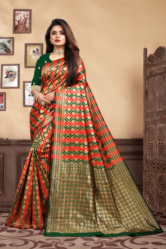 Vedant Vastram Litchi Silk Designer Banarasi Saree - Bottle Green | Swadesiicart