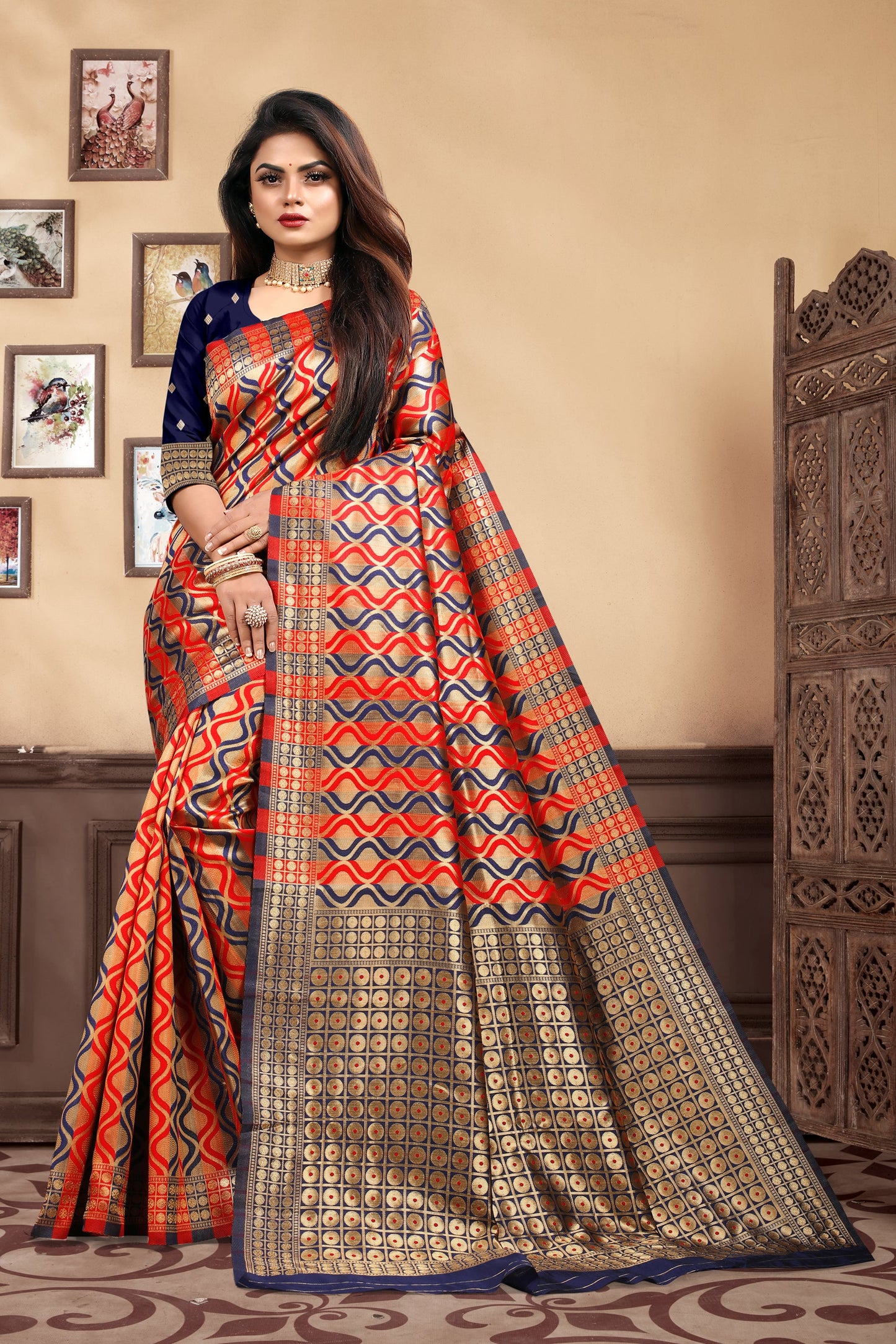 Vedant Vastram Litchi Silk Designer Banarasi Saree - Navy Blue | Swadesiicart