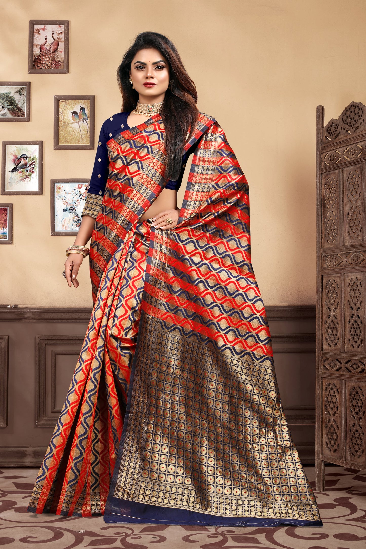 Vedant Vastram Litchi Silk Designer Banarasi Saree - Navy Blue | Swadesiicart