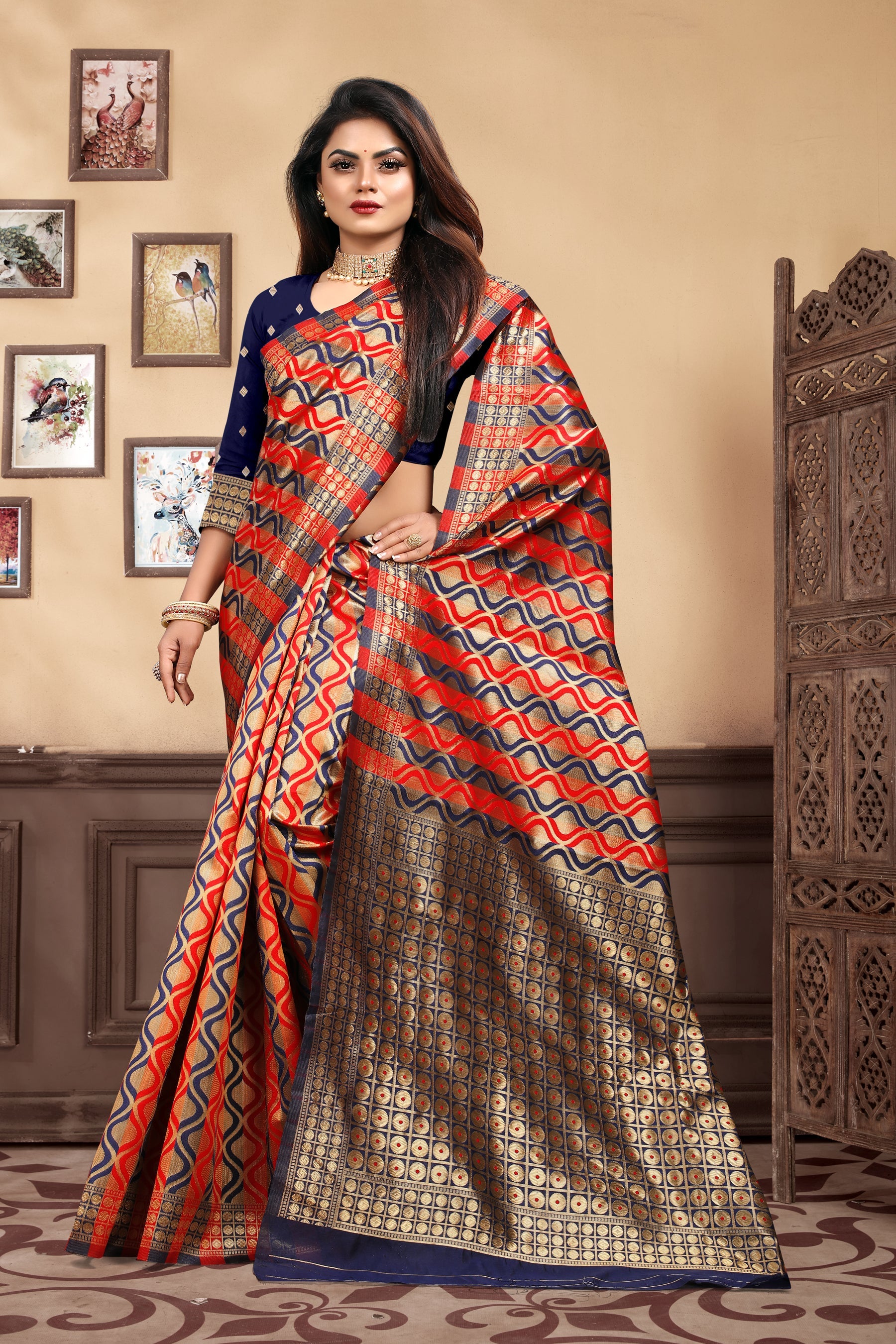 Vedant Vastram Litchi Silk Designer Banarasi Saree - Navy Blue | Swadesiicart