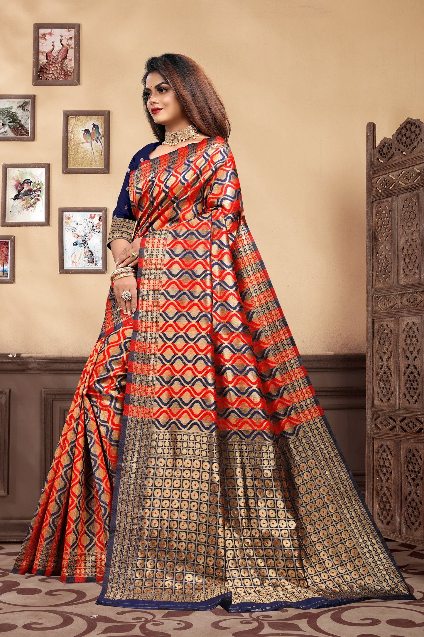Vedant Vastram Litchi Silk Designer Banarasi Saree - Navy Blue | Swadesiicart