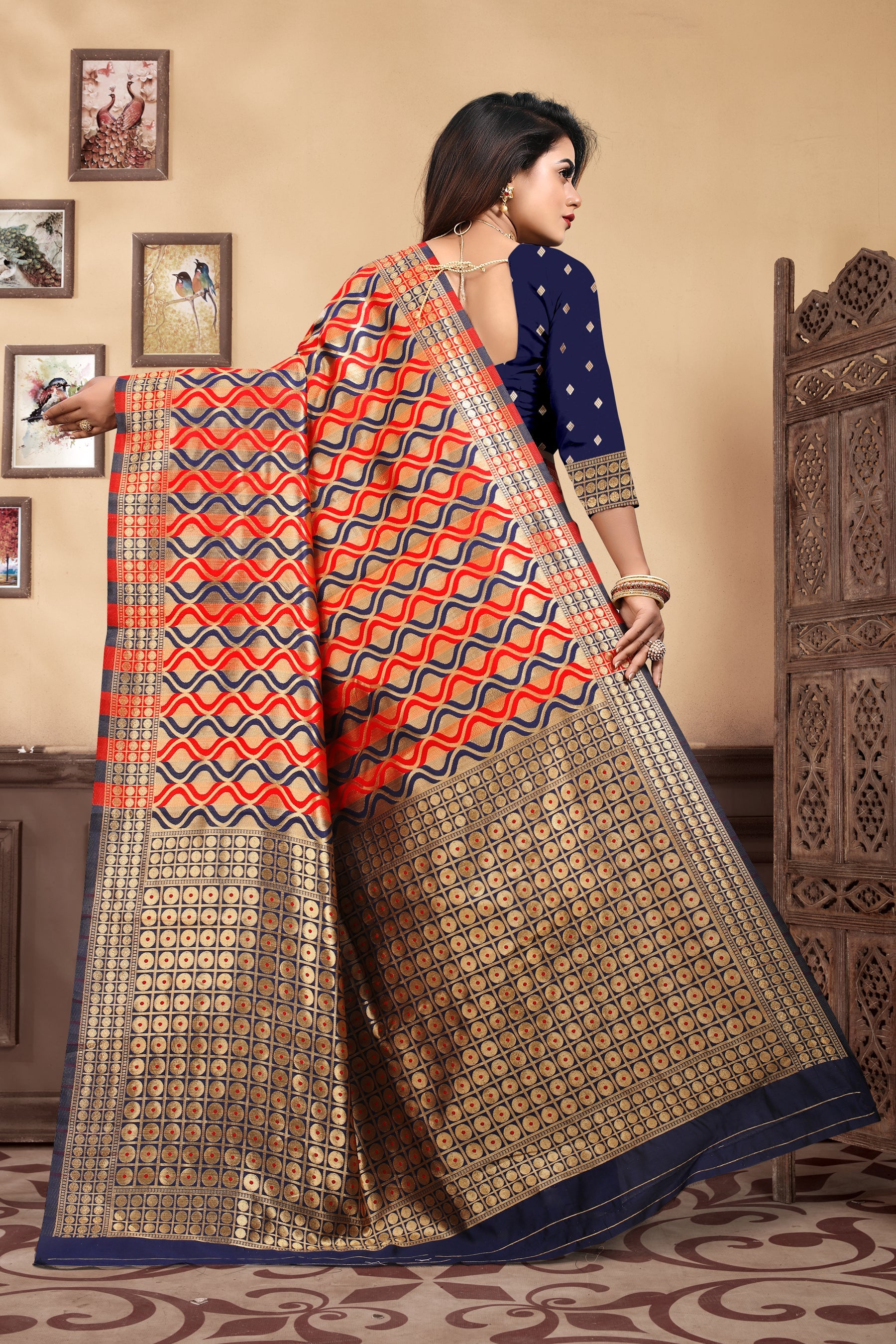 Vedant Vastram Litchi Silk Designer Banarasi Saree - Navy Blue | Swadesiicart