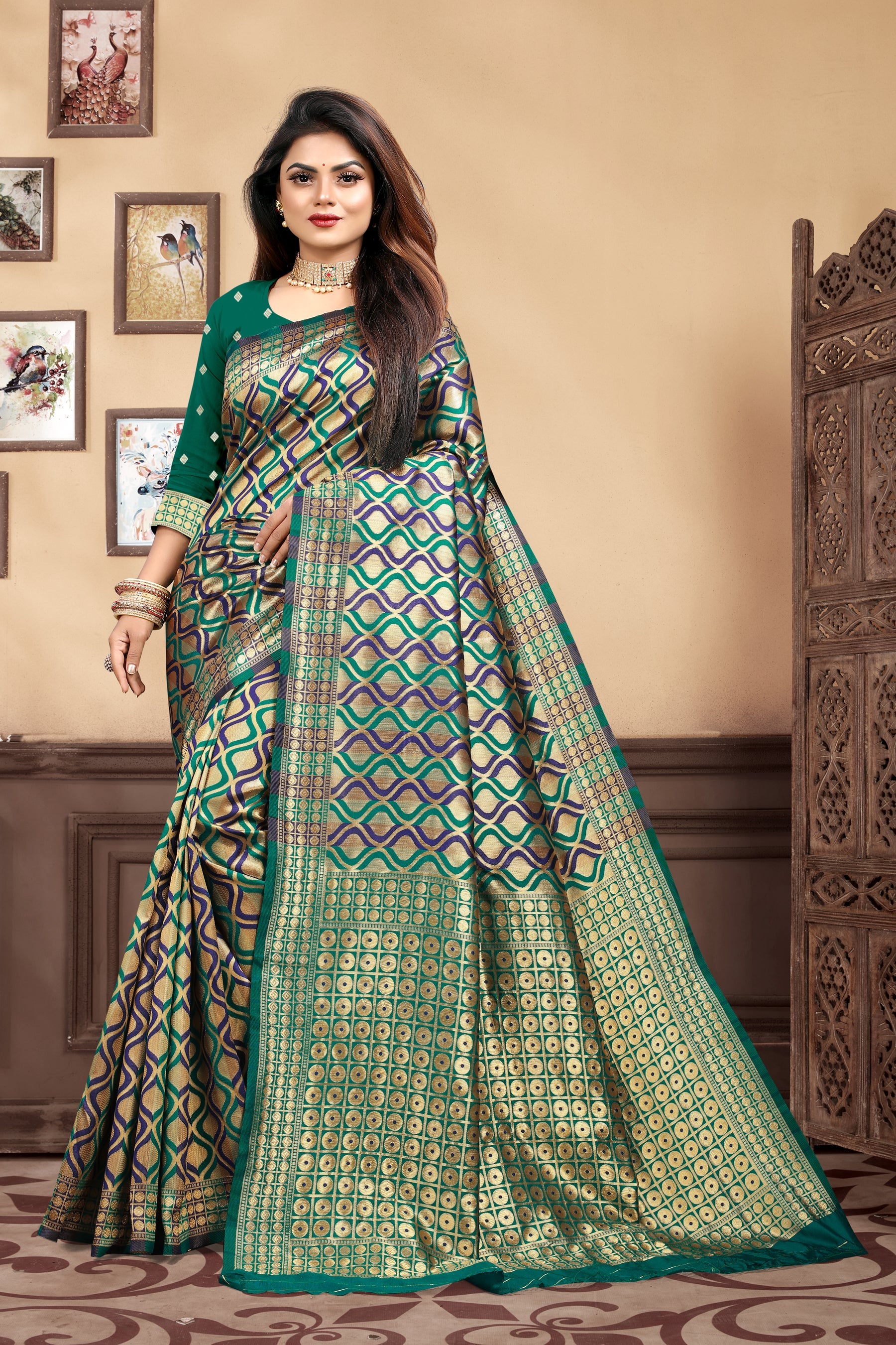 Vedant Vastram Litchi Silk Designer Banarasi Saree - Rama | Swadesiicart