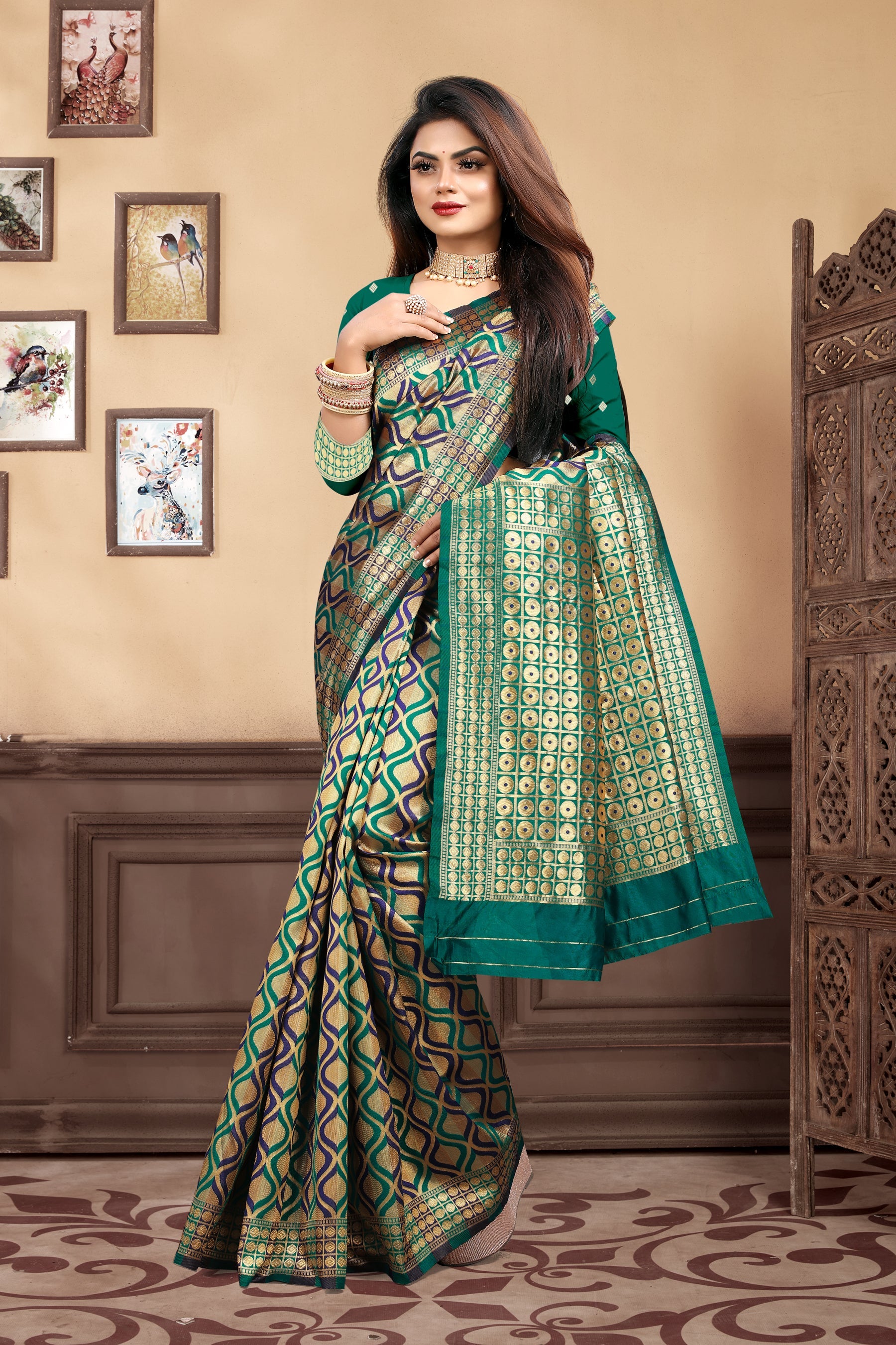 Vedant Vastram Litchi Silk Designer Banarasi Saree - Rama | Swadesiicart