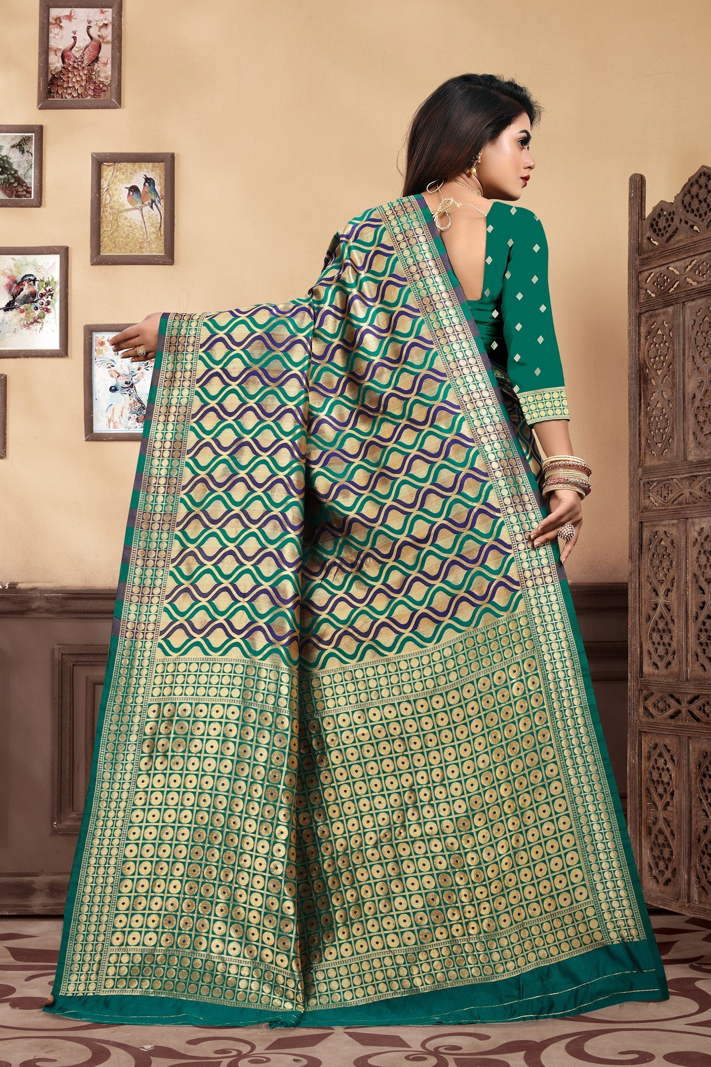 Vedant Vastram Litchi Silk Designer Banarasi Saree - Rama | Swadesiicart