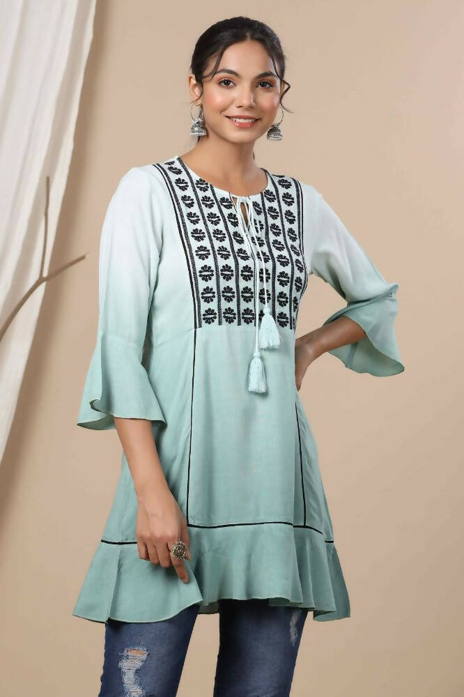 Juniper Sage Green Rayon Festive Embroidered Tiered Tunic For Women | Swadesiicart