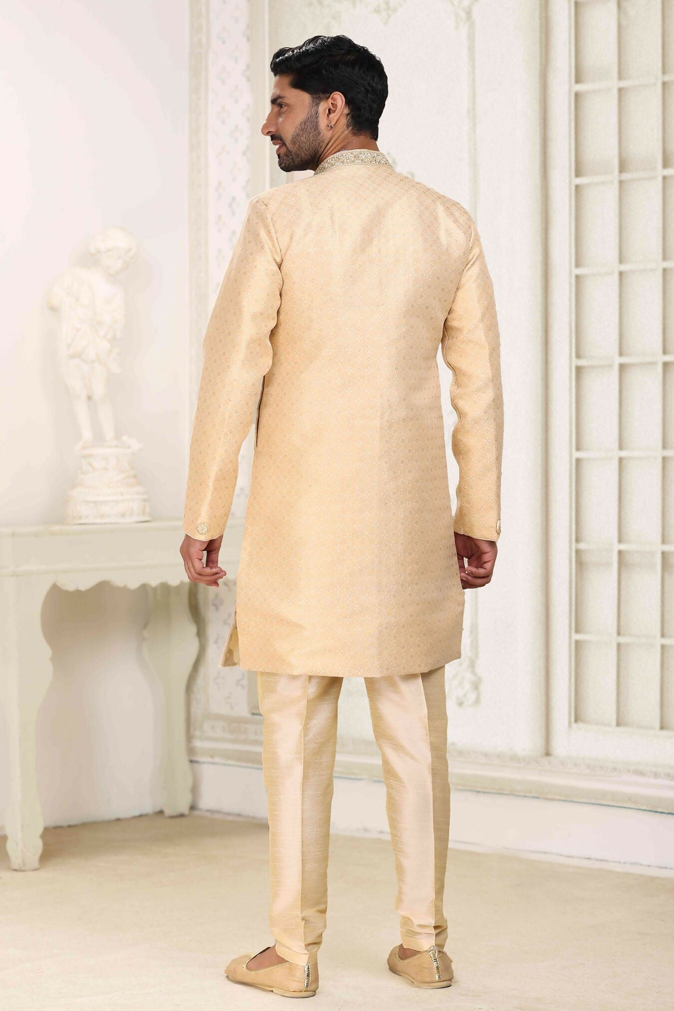 Raivat Ethnic Banarasi Jacquard Embroidery Semi Indo Western Sherwani In Beige Colour | Swadesiicart