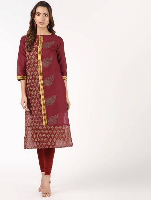 Aniyah Cotton Block Printed Maroon Straight Kurta (AN-141K) - Swadesiicart