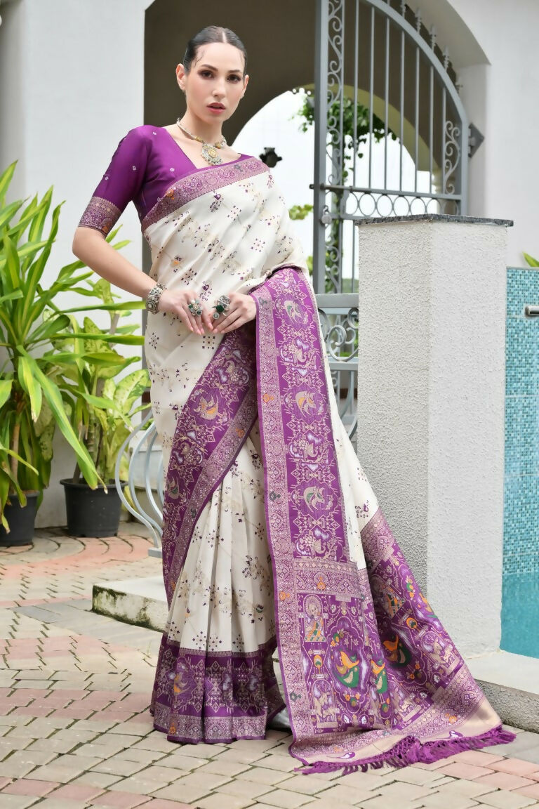 Vishnu Weaves Women's Wine Banarasi Silk Patola Zari Woven Saree with Blouse - Swadesiicart