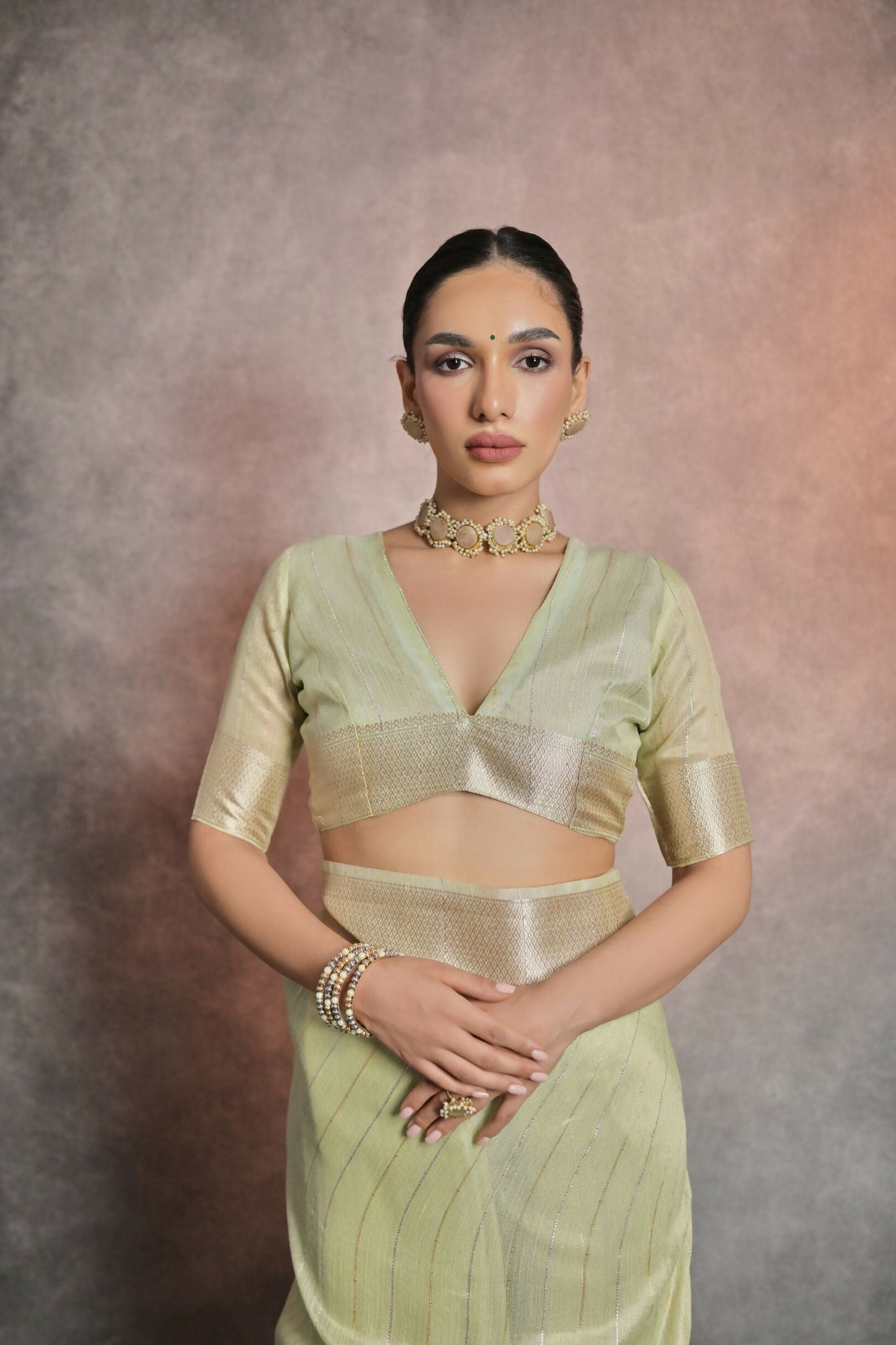 Vishnu Weaves Women's Pista Tissue Linen Zari Woven Saree with Blouse - Swadesiicart