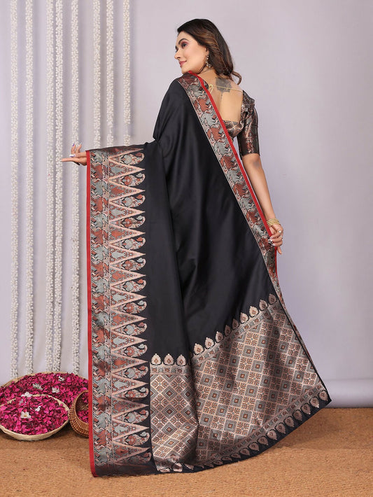 Joban Fashion Banarasi Black Jacquard Woven Soft Silk Saree | Swadesiicart