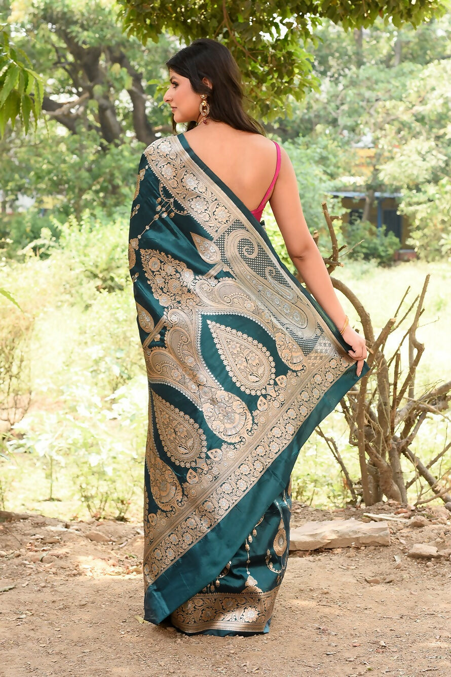 Joban Fashion Green Banarasi Soft Pure Handloom Banarasi Silk Saree | Swadesiicart
