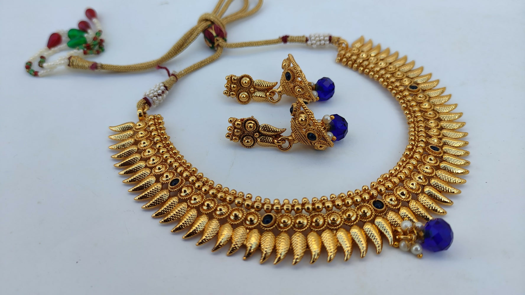 Metallic Necklace set with Blue Agate Stones - Mokshi Collections