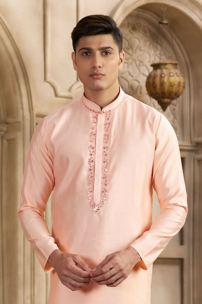 Raivat Ethnic Banarasi Art Silk Mirror Work Kurta Pajama In Pink Colour | Swadesiicart
