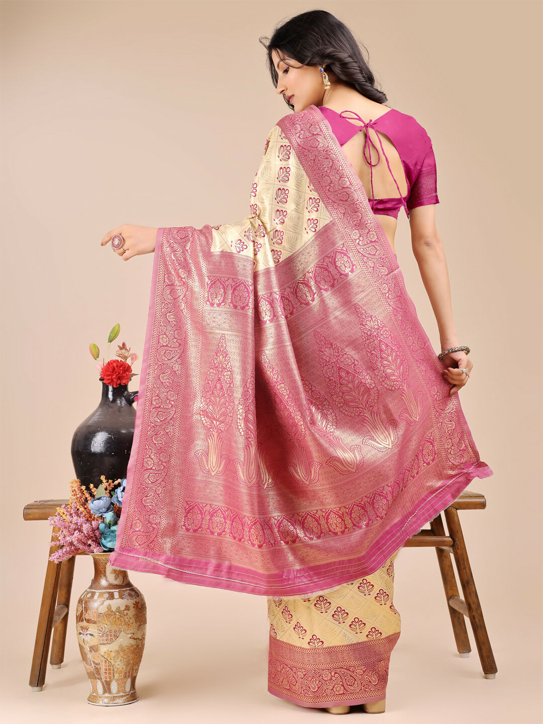 Astita Aura Silk Cream Magenta Banarasi Silk Saree | Swadesiicart