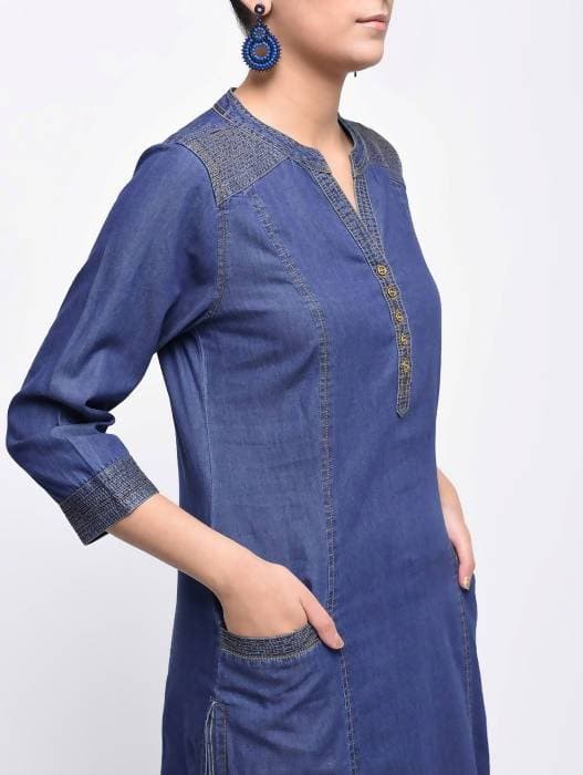 Aniyah Denim Princess Line Straight Kurta In Blue (AN-128K) - Swadesiicart