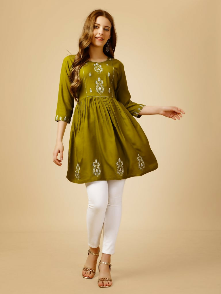 Jyoti Fashion Women's Mehendi Viscose Rayon Embroidered Casual Top | Swadesiicart