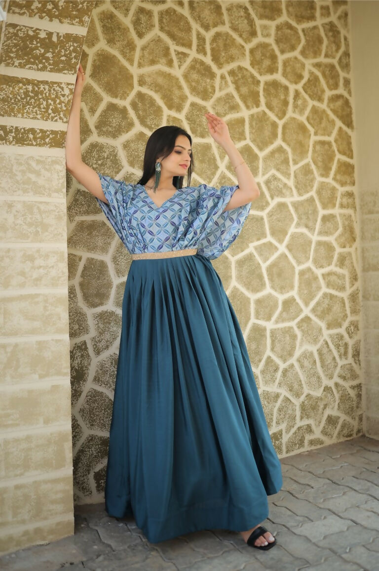 Jyoti Fashion Women's Teal Printed with Sequins Chinon Anarkali Dress | Swadesiicart