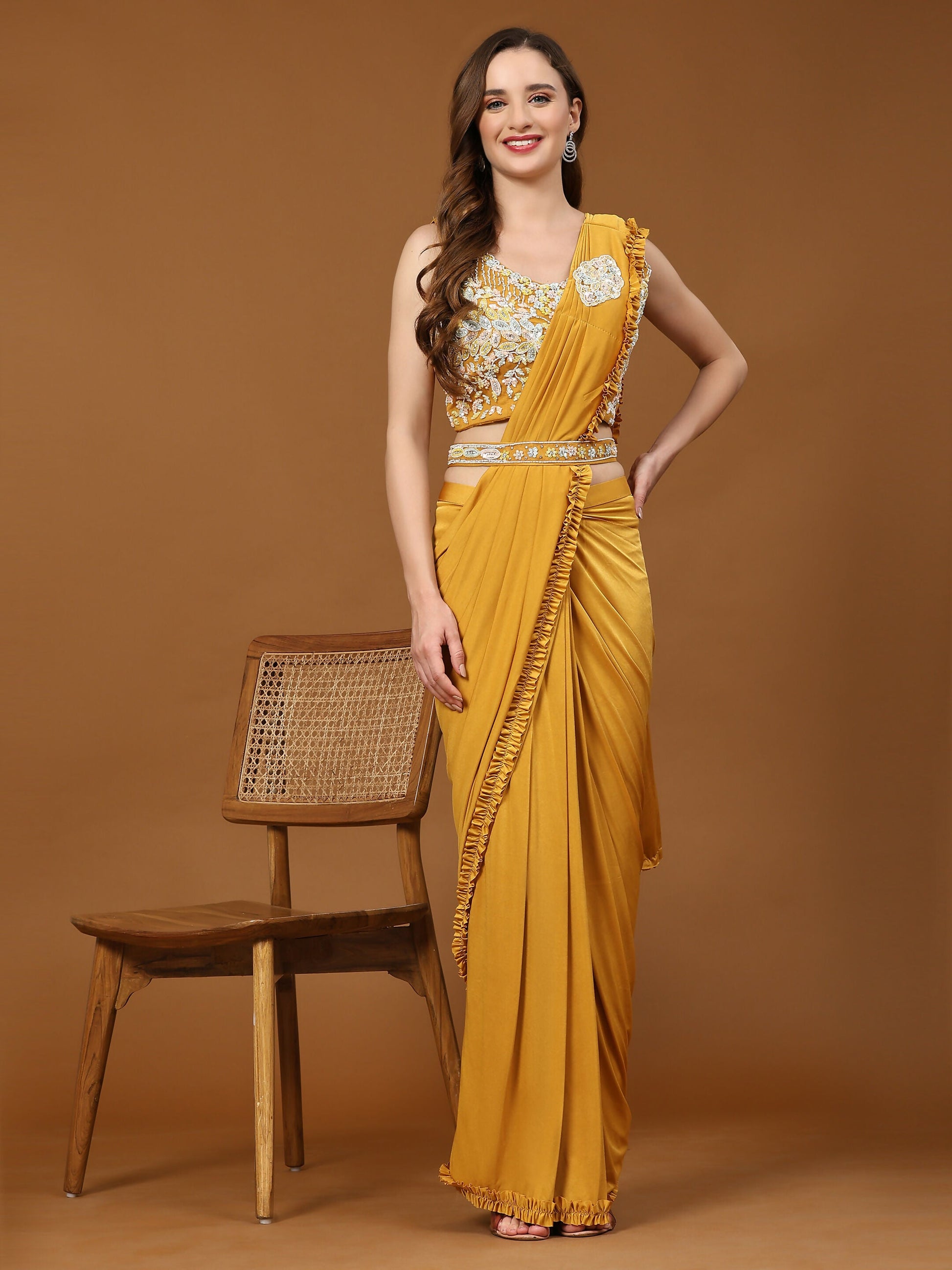 Yellow Lycra Solid Ready to wear Saree with stitched Blouse - Vanita | Swadesiicart