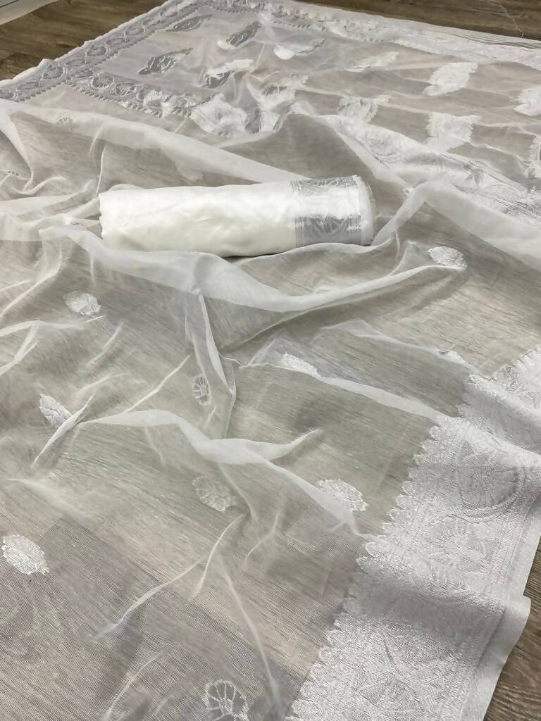 DEIANA'S Beautiful Designer Golden zari Soft Cotton Saree - White - Swadesiicart