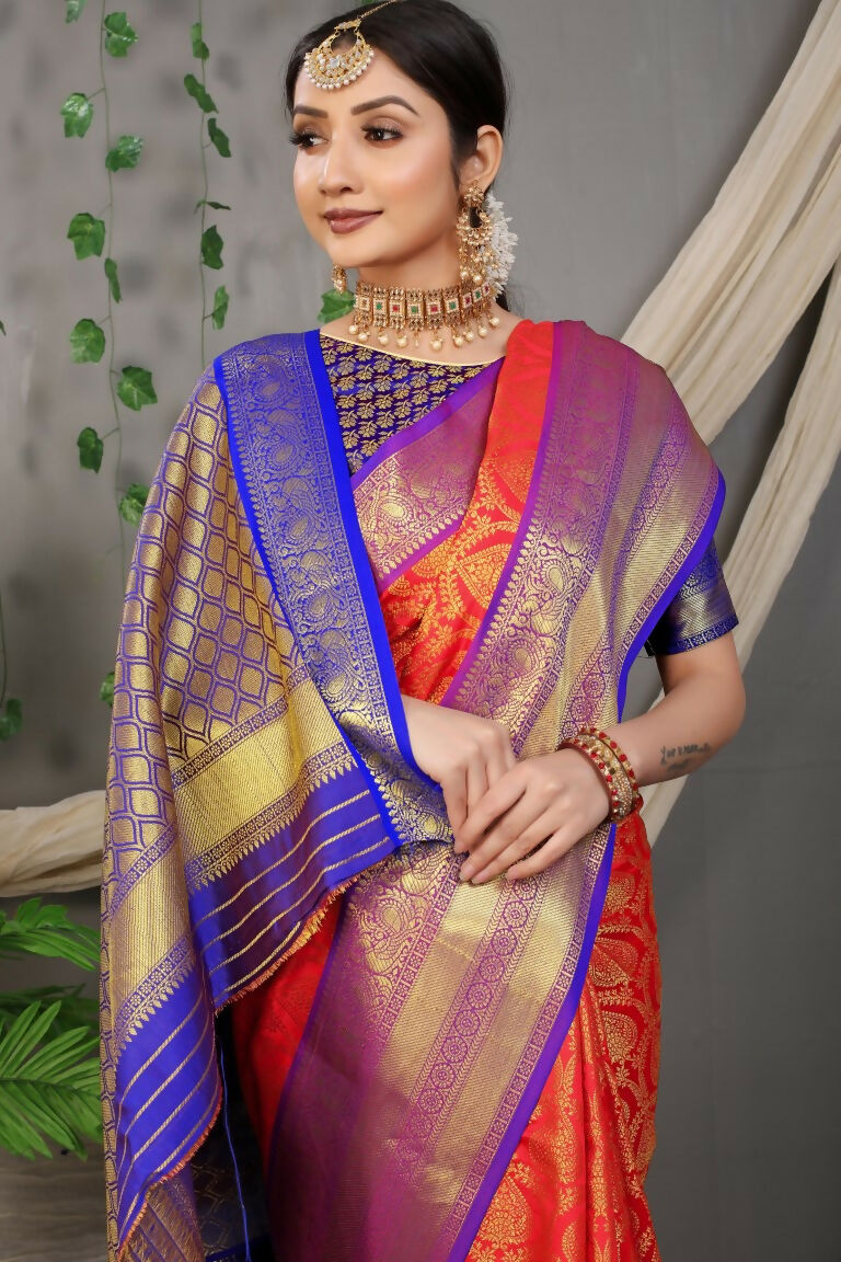 Jyoti Fashion Women's Red Kanjivaram Silk Zari Woven Saree with Blouse | Swadesiicart