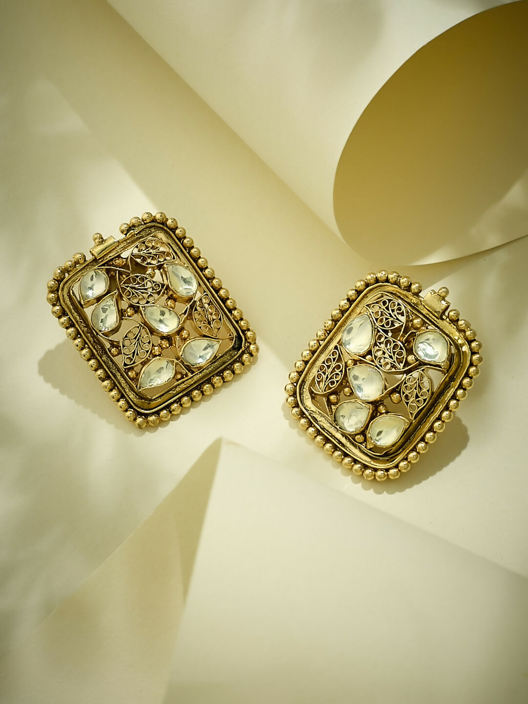 Nuyug 22K Gold-Plated Kundan & Filigree Concept Rectangular Leafy Studs | Swadesiicart