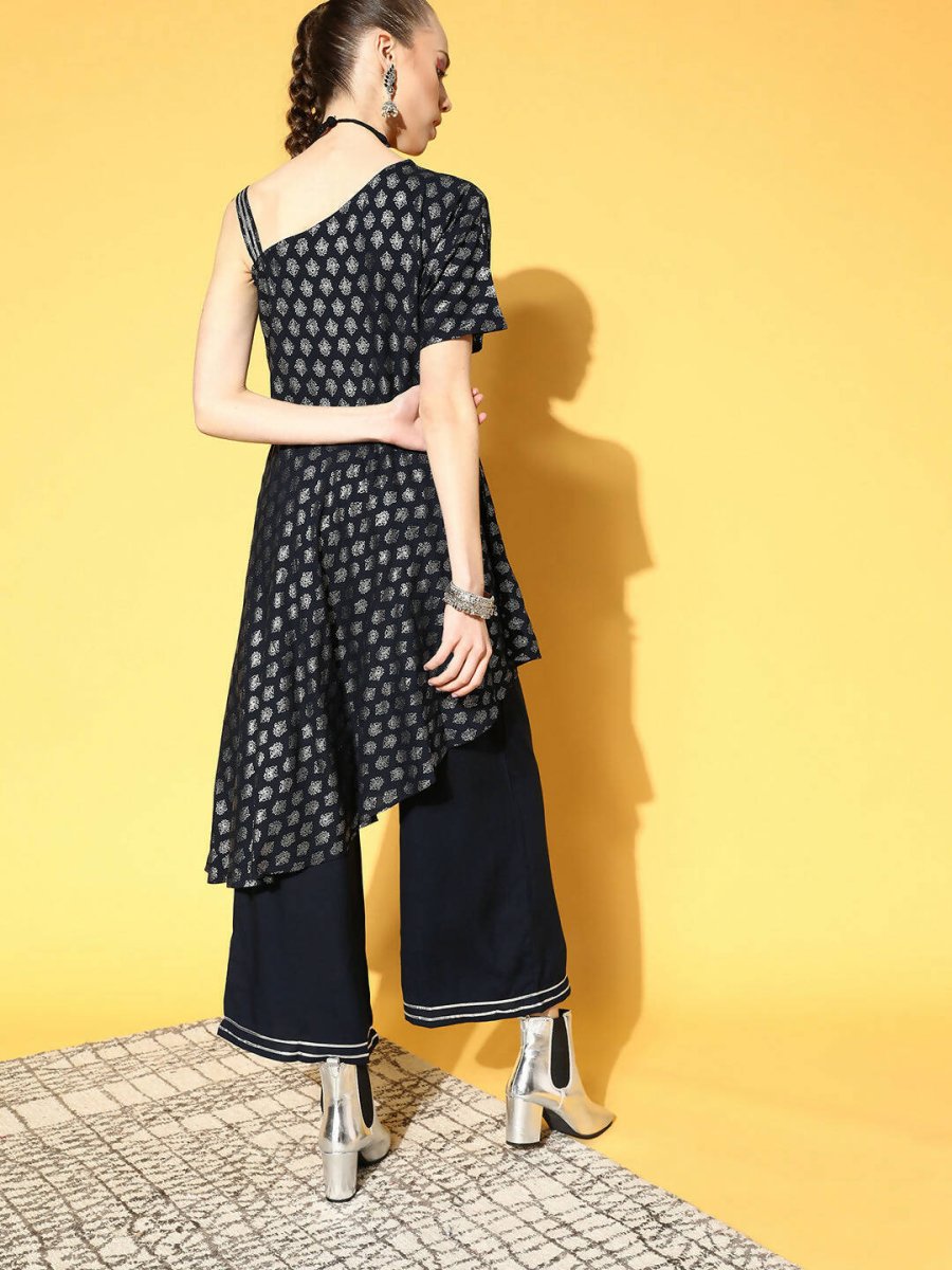 Ahalyaa Women Navy Blue Colour Rayon Silver Foil Printed Top Palazzo Set | Swadesiicart