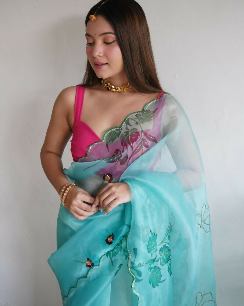 Vamsee Mudra Green Organza Saree - Swadesiicart