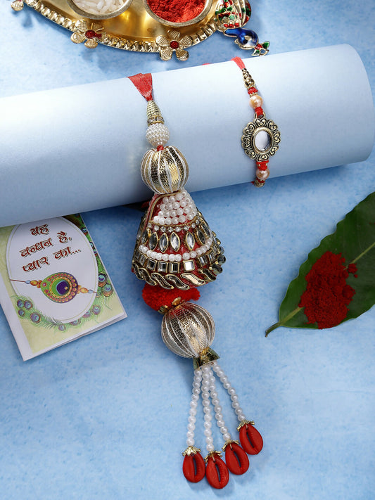 NVR Women & Men Set of 2 Gold & Red Kundan-Studded Bhaiya Bhabhi Rakhi With Roli Chawal & Chocolate | Swadesiicart