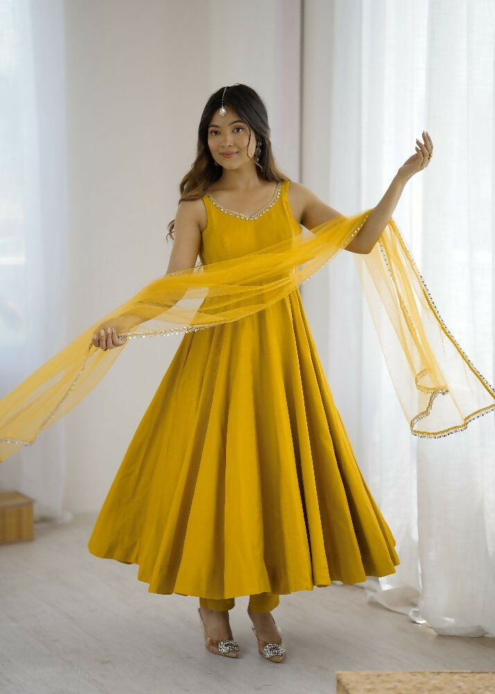 Joban Fashion Yellow Kurta Set Chanderi Sequence Embroidery Work - Swadesiicart