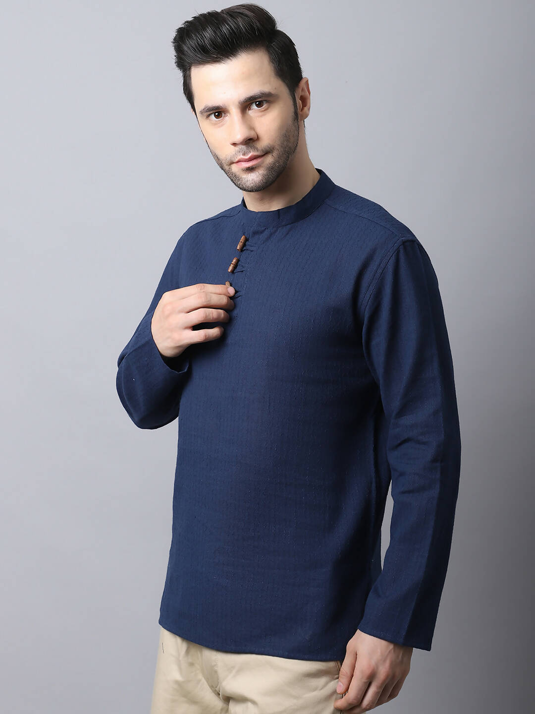 Even Apparels Navy Pure Cotton Men's Kurta With Band Collar | Swadesiicart