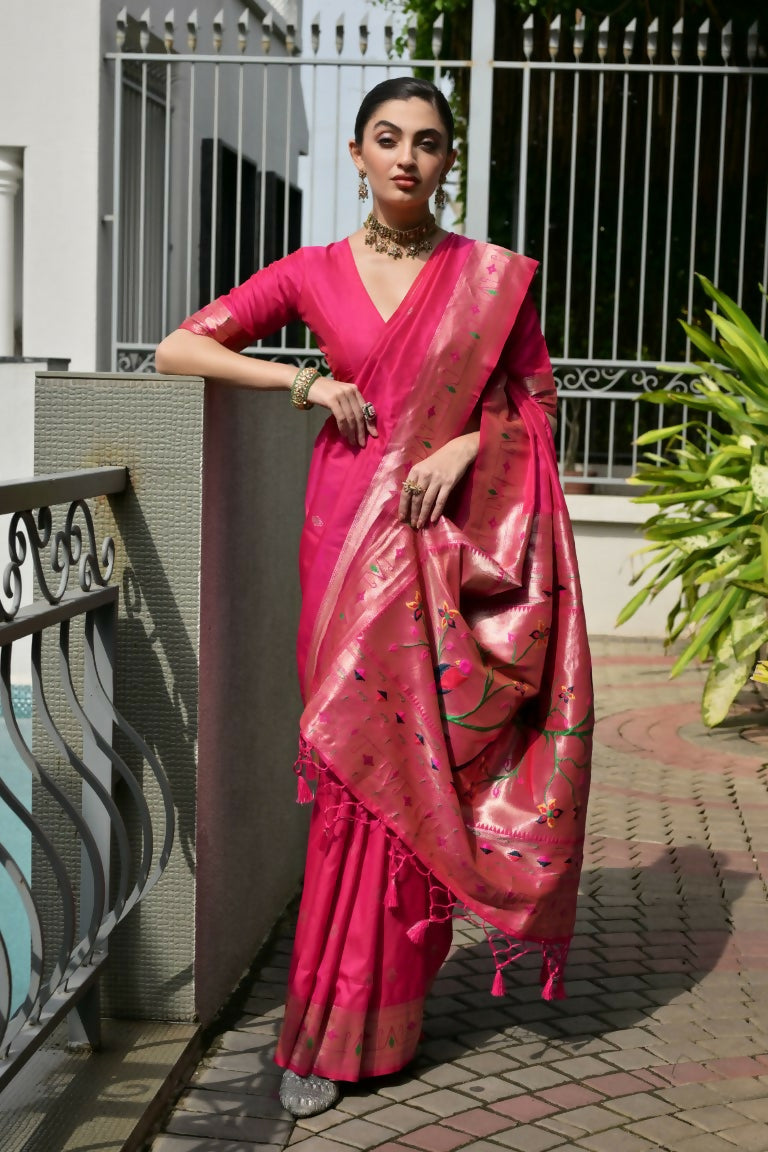 Vishnu Weaves Women's Pink Paithani Silk Zari Woven Saree with Blouse - Swadesiicart