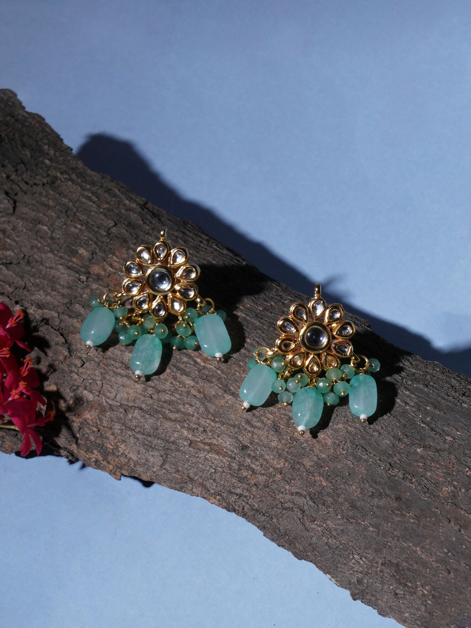 Mint Stone Kundan Earrings (Gold) - Ruby Raang - Swadesiicart