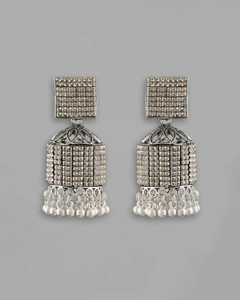 VOJ Black-Toned AD Studded Square Dome Shaped Jhumka Earrings - Swadesiicart