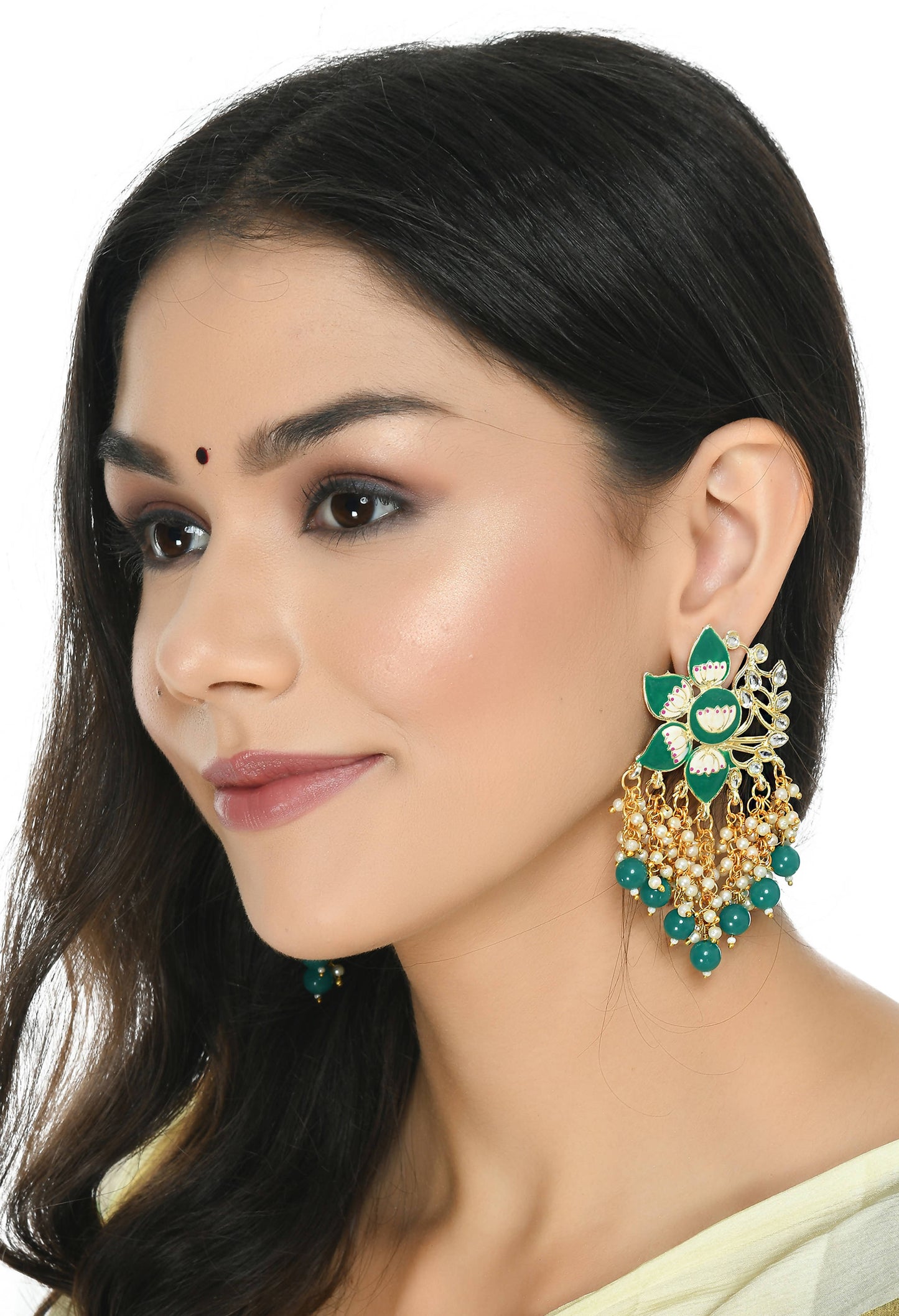 Mominos Fashion Johar Kamal Gold-Polished Kundan Green Meenakari Earrings - Swadesiicart