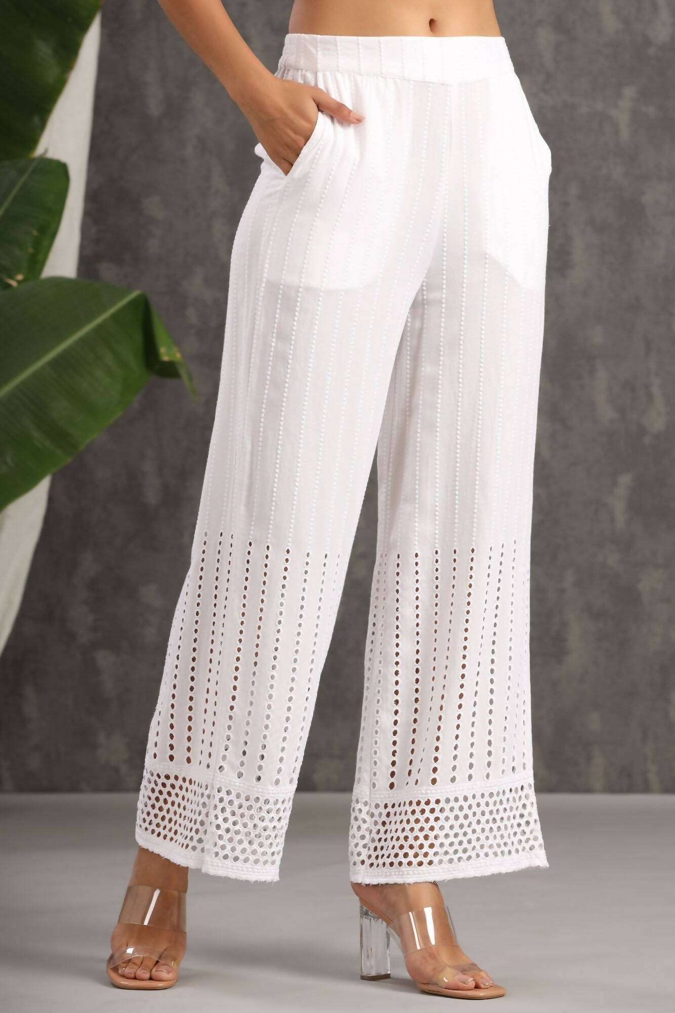 Juniper Women White Rayon Woven Design Flared Palazzo | Swadesiicart