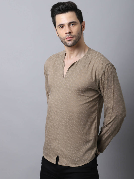 Even Apparels Beige Pure Cotton Round Neck Slit Men's Kurta | Swadesiicart
