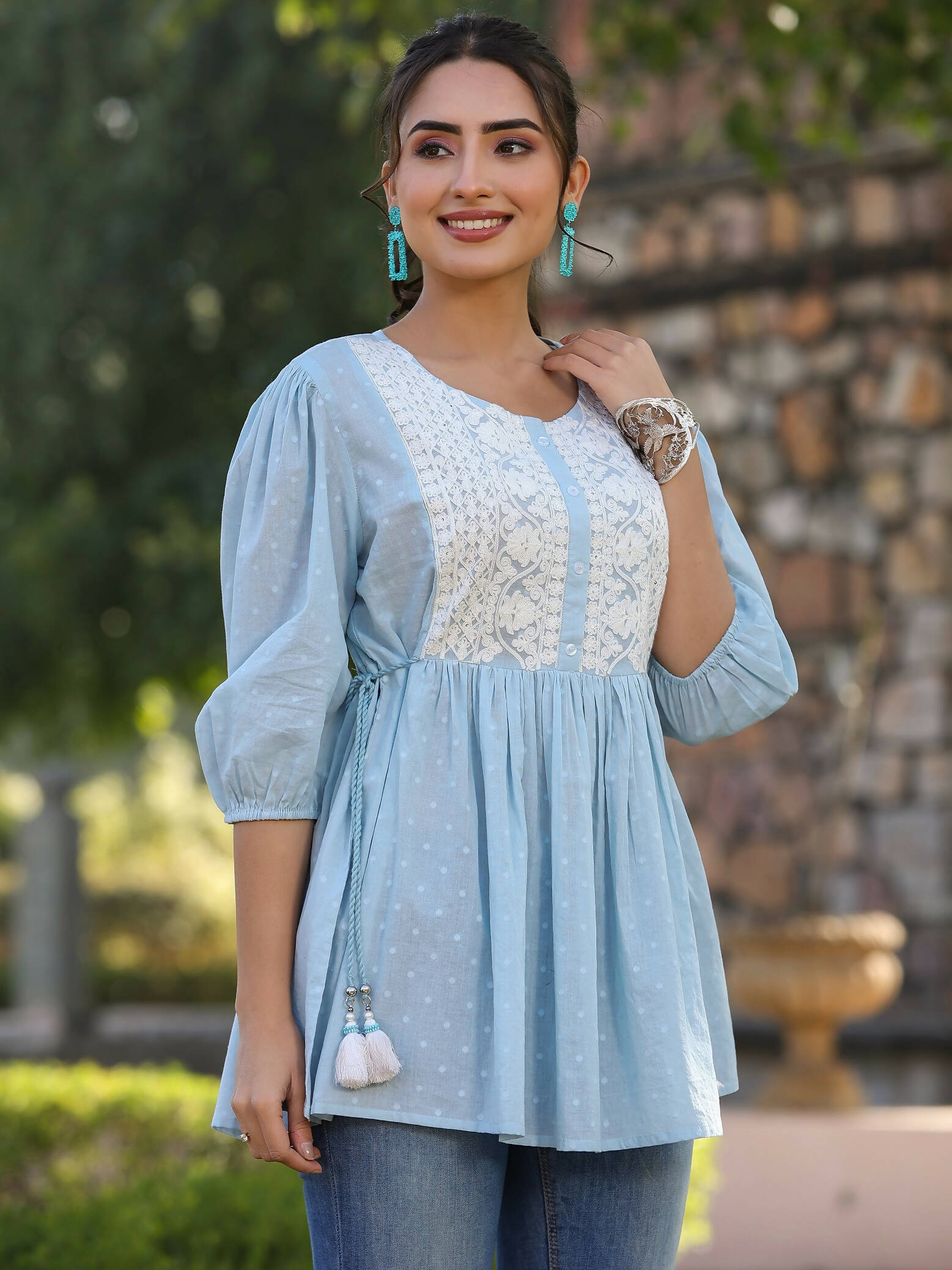 Juniper Women's Blue Cotton Dobby Solid With Embroidered Straight Tunic | Swadesiicart
