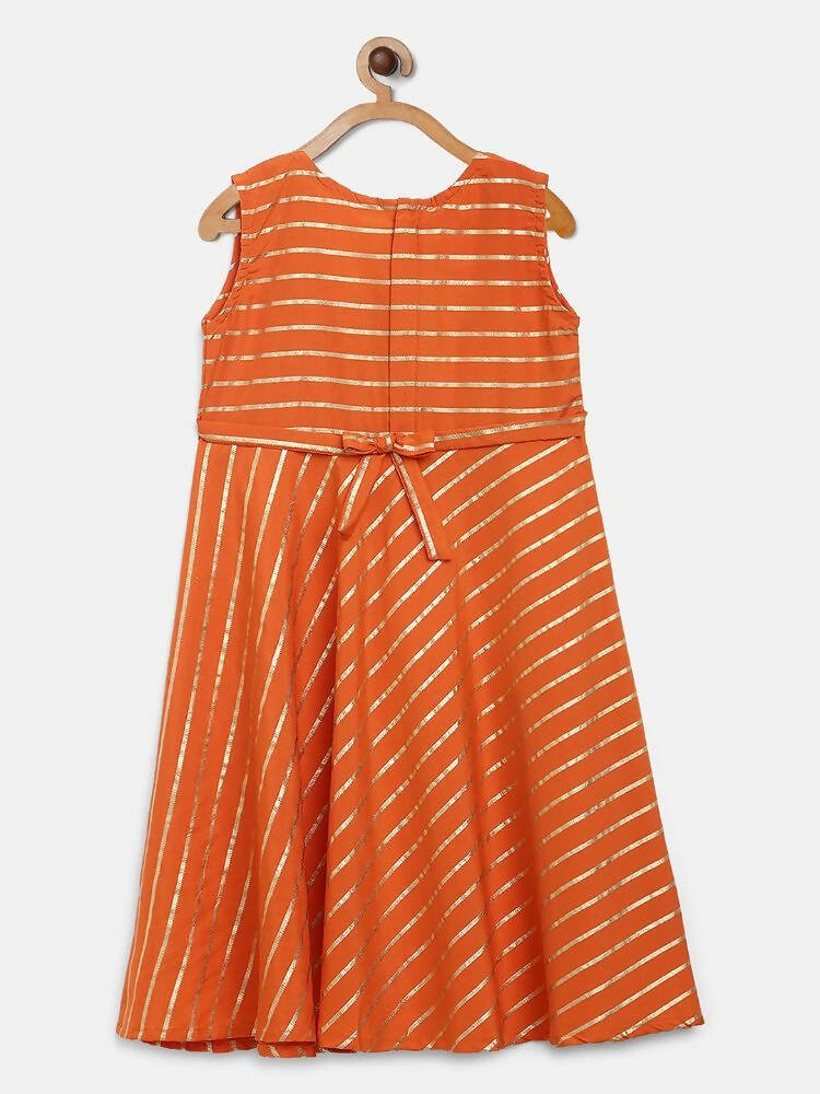 Ahalyaa Orange Crepe Gold Stripped Printed Kids Dress With Jacket For Girls | Swadesiicart