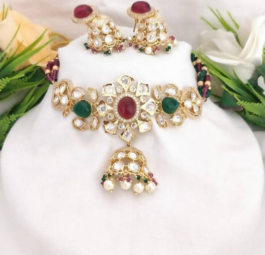Khavi Arts Designer Pearl Choker-Green and Red | Swadesiicart