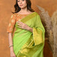 Very Much Indian Handloom Pure Cotton Linen Saree With Golden Border - Light Green | Swadesiicart