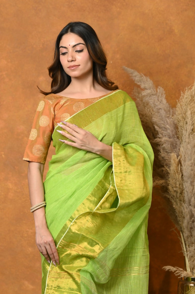 Very Much Indian Handloom Pure Cotton Linen Saree With Golden Border - Light Green | Swadesiicart