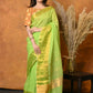 Very Much Indian Handloom Pure Cotton Linen Saree With Golden Border - Light Green | Swadesiicart