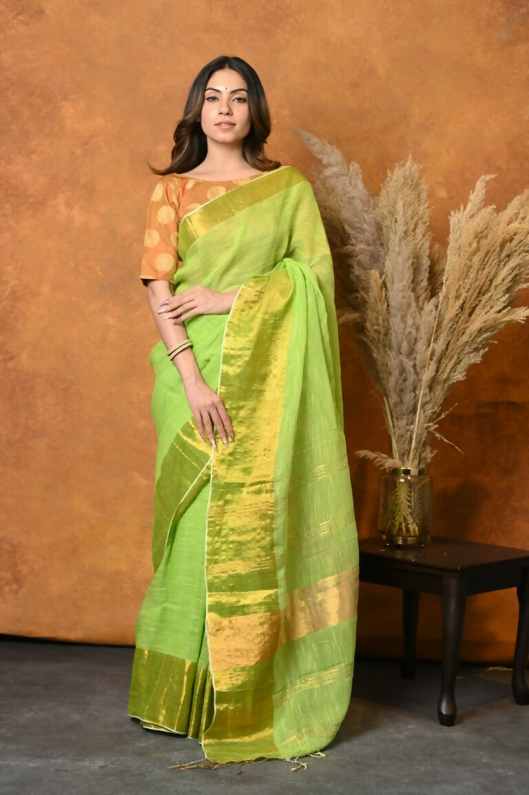 Very Much Indian Handloom Pure Cotton Linen Saree With Golden Border - Light Green | Swadesiicart